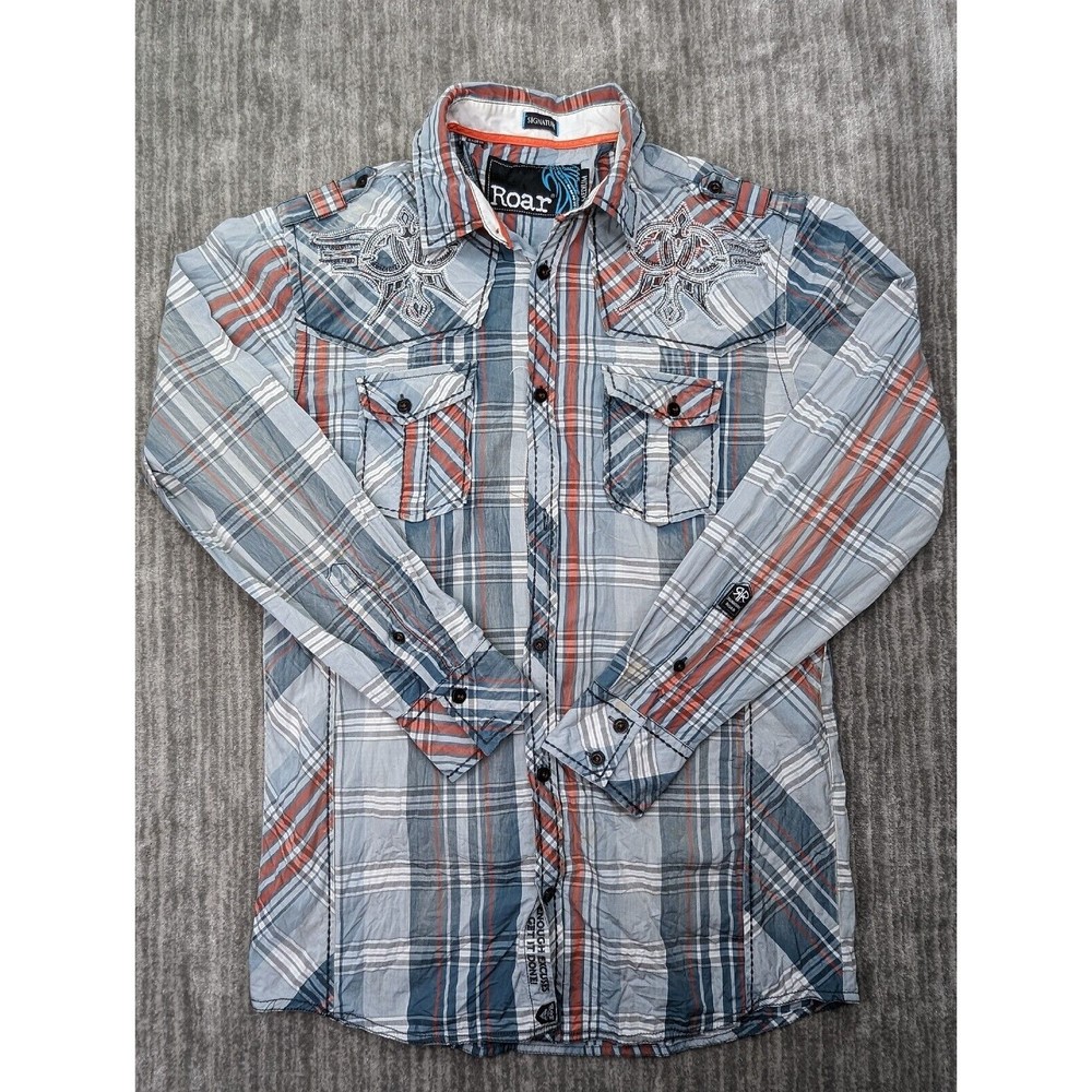Roar Signature Mens Button Up Shirt Medium Red Blue Embroidered STAINS